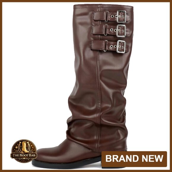 Knee High Fold Over Slouch Boots Chunky Platform 2 Inch Heel Wide Calf